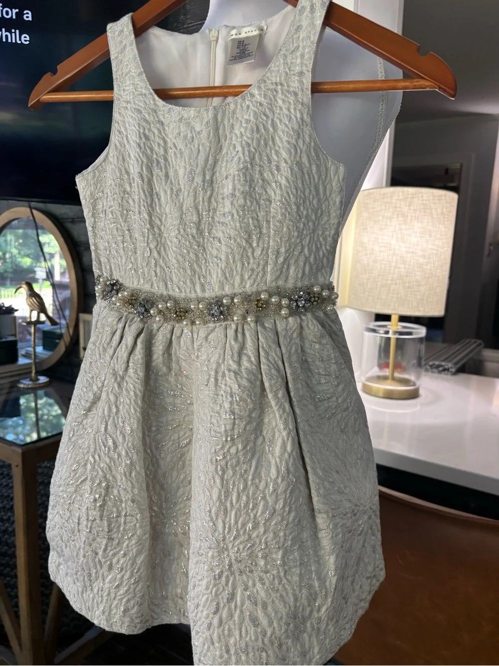 Girls Silver Metallic Floral Embroidered Dress